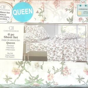 Queen 6-Pc Sheet Set Ivory w/ Pink Floral Green Two Bonus Pillowcases NEW NIP